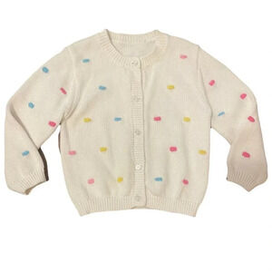 9-12 Months Knitted White Cardigan With Colorful Polka Dots, Buttons Up
